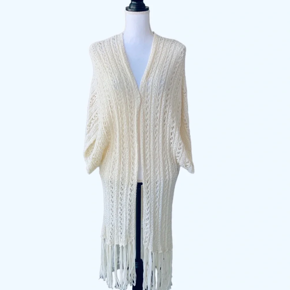 AMERICAN EAGLE CROCHET KNIT TASSEL TRIM CARDIGAN DUSTER SWEATER - Picture 12 of 12